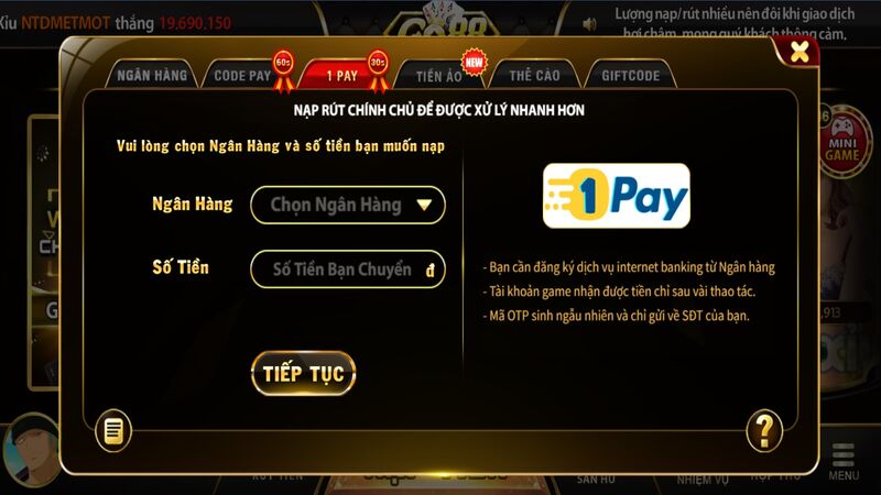 Nạp tiền Go88 bằng 1 pay