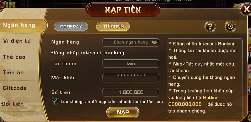 Nạp tiền thông qua ngân hàng tại cổng game bài Iwin