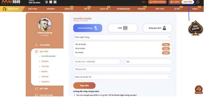 Giao diện nạp tiền tại May88