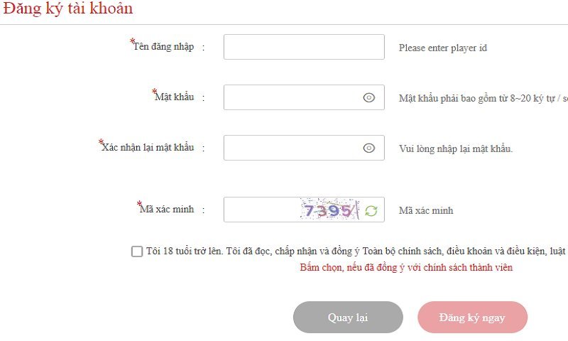 Form thông tin đăng ký tài khoản tại cổng game