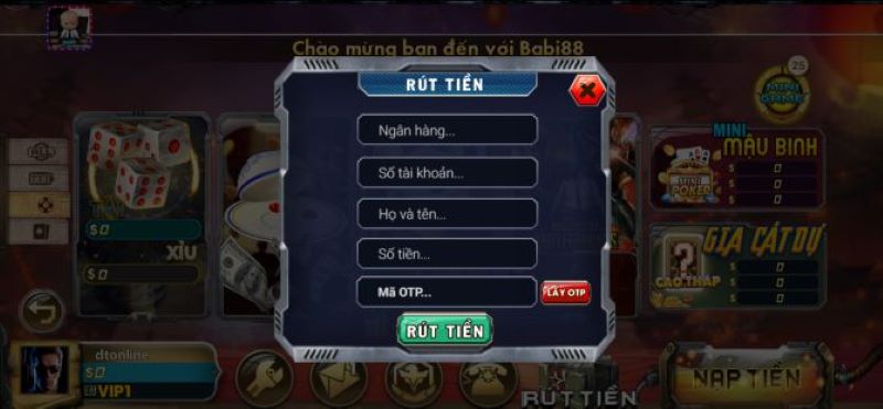 Thực hiện điền thông tin rút tiền tại Babi88