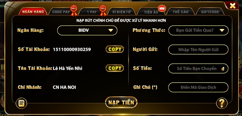 Nạp tiền Hit Club qua ngân hàng