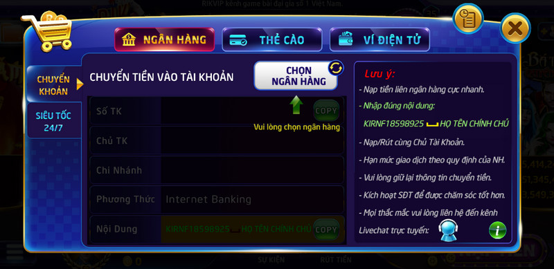 Hướng dẫn nạp tiền Rikvip đơn giản, nhanh gọn nhất